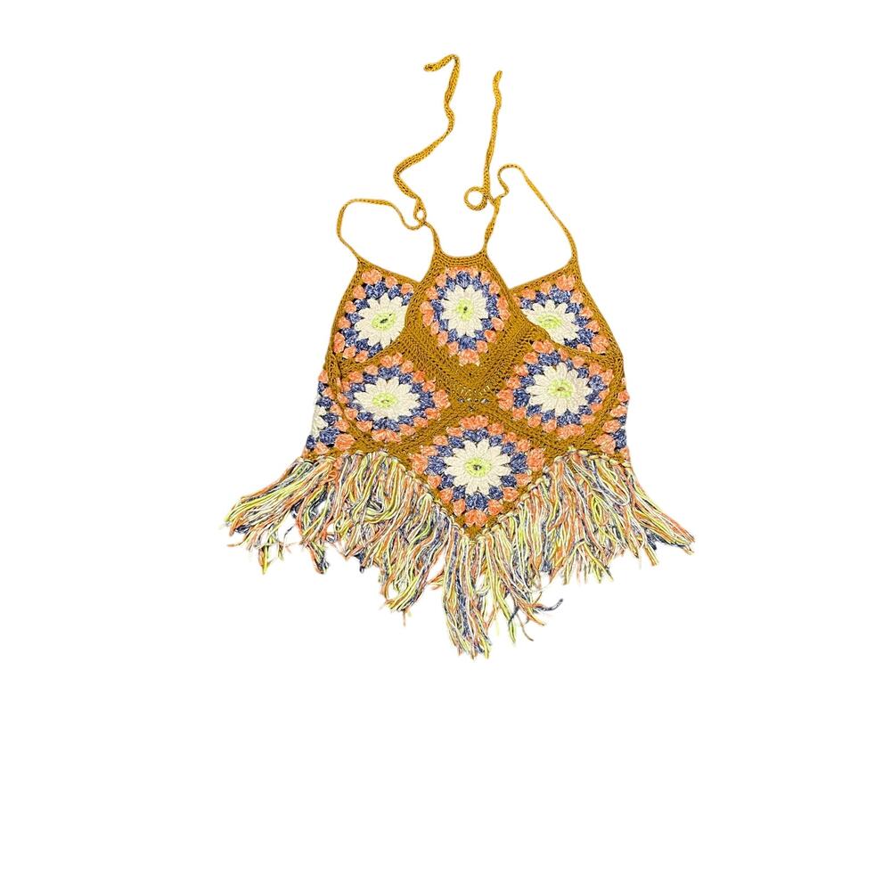 Free People Summer Of Love Crochet Hippie Boho Granny Square Tank Top Sz M